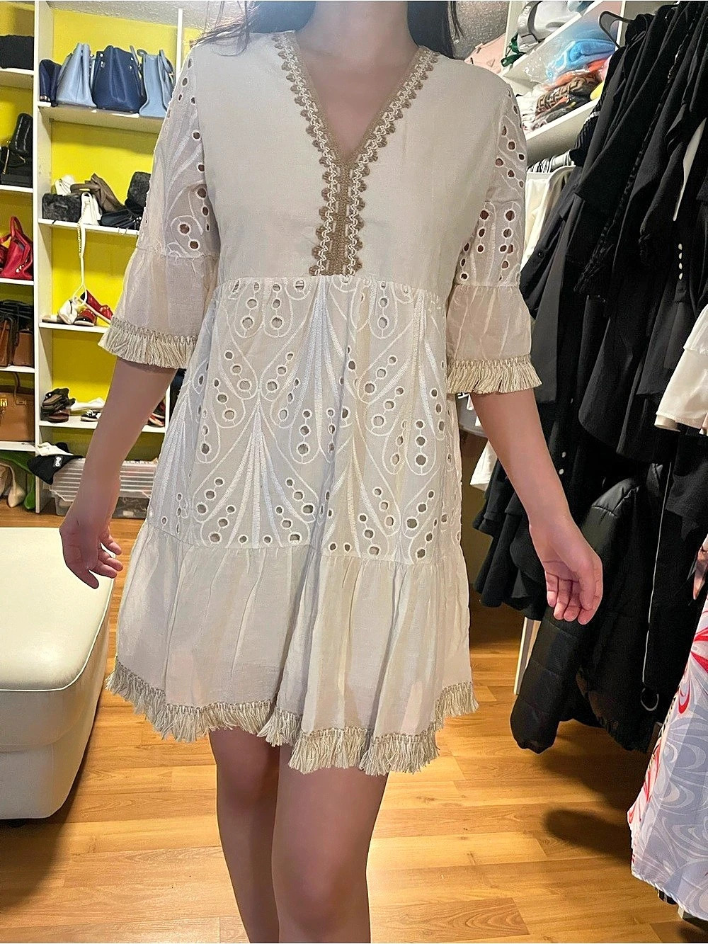 Eyelet Embroidered Mini Dress in White Like New